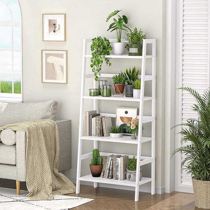 Homykic Bamboo White Bookshelf 4-Tier Ladder Shelf, 49.2” Freestanding Open Bookcase Book Shelf Bathroom Storage Shelf Unit Plant Stand for Small Space, Bedroom, Living Room, Home Office - LeafyLoom