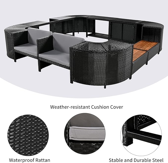 Outdoor Patio Furniture Set Spa Surround Quadrilateral Sofa with Wood Seatings, Rattan Sectional Couch w/Storage Space and Waterproof Cushions, for Yard Pool Backyard, Grey - LeafyLoom