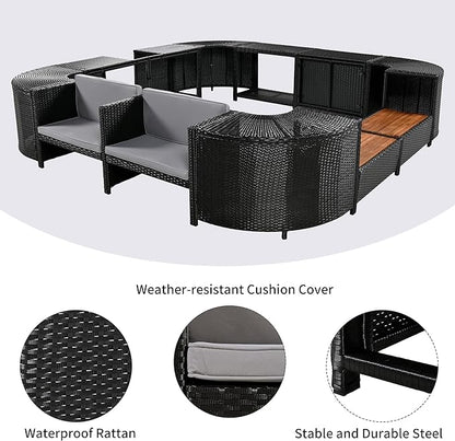 Outdoor Patio Furniture Set Spa Surround Quadrilateral Sofa with Wood Seatings, Rattan Sectional Couch w/Storage Space and Waterproof Cushions, for Yard Pool Backyard, Grey - LeafyLoom