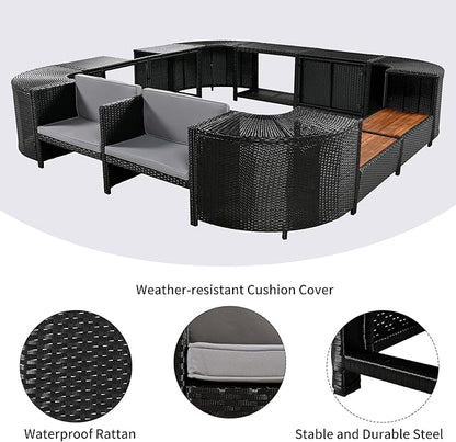 Outdoor Spa Surround Set Patio Furniture with Storage Space, Wood Seatings and Waterproof Cushions, Quadrilateral Rattan Sectional Sofa, for Backyard Deck Poolside, Onesize, Grey - LeafyLoom