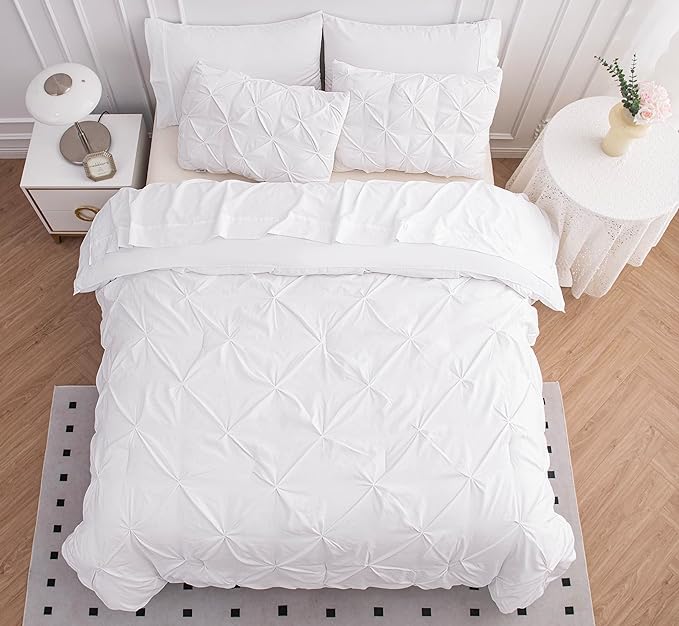 LANE LINEN Twin Comforter Set, 5 Piece Twin Bedding Sets, Ultra Soft Pintuck Twin Bed in a Bag Set with Down Alternative Comforter, Sheets, Pillowcase & Sham, Pinch Pleated Kids Bedding Set - White - LeafyLoom