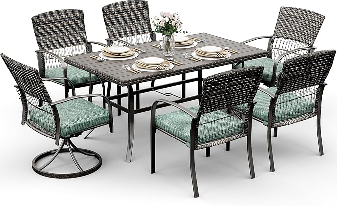 Pamapic 7 Piece Patio Dining Set for 6,Outdoor Wicker Furniture Set for Backyard Garden Deck Poolside with 4 Dining Chairs and 2 Swivel Rockers,Iron Slats Table Top, Removable Cushions(Green) - LeafyLoom