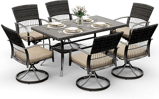 Pamapic 7 Piece Patio Dining Set for 6,Outdoor Wicker Furniture Set for Backyard Garden Deck Poolside with 6 Cushions Swivel Rocker Chairs,Iron Slats Table Top, Removable Cushions(Beige) - LeafyLoom