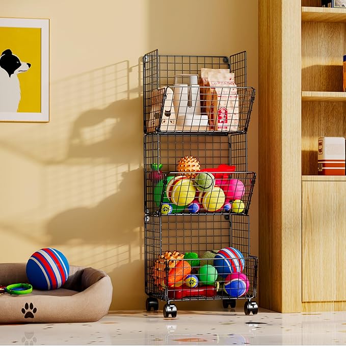 3 Tier Metal Wire Baskets - Toy Organizer Basket Shelf with Wheel, S-Hooks, Rolling Cart Hanging Storage Baskets for Child Room, Playroom, Bedroom, Kitchen (Black) - LeafyLoom