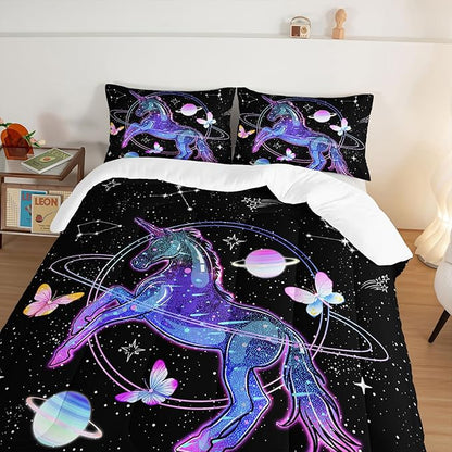 HOSIMA Unicorn Bedding Sets for Girls Kids,Butterfly Star Empty Galaxy Comforter,Unicorn Bedroom Decor for Girls Boys,Soft Microfiber Black King Size Comforter Set,Butterfly Crib Bedding Set. - LeafyLoom