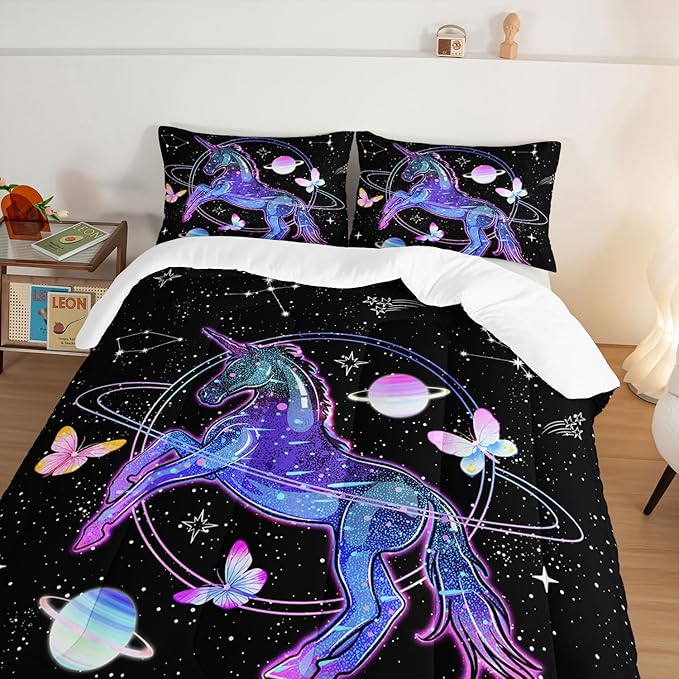 HOSIMA Unicorn Bedding Sets for Girls Kids,Butterfly Star Empty Galaxy Comforter,Unicorn Bedroom Decor for Girls Boys,Soft Microfiber Black Queen Comforter Set,Butterfly Crib Bedding Set. - LeafyLoom