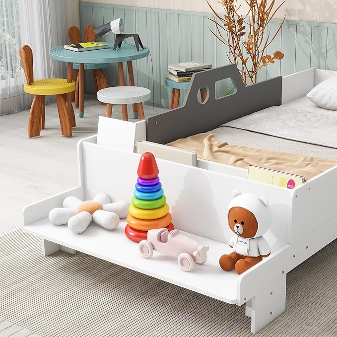 Car-Shaped Twin Bed with Bench,Wood Platform Bedframe W/Book Storage Groove & Safety Guardrail,Minimalistic Design,Easy Assembly,Toy Car Bedroom Furniture for Boys Kids Toddlers Child,White - LeafyLoom