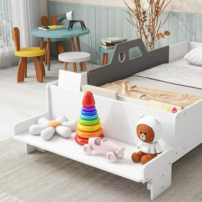 Twin Kid Bed with Headboard, Twin Bed with Footboard Bench,Wood Slat Support, Cute Kid Bed Frame with Book Storage Space, Twin Car Bed for Boys Girls Bedroom, No Box Spring Needed, White - LeafyLoom