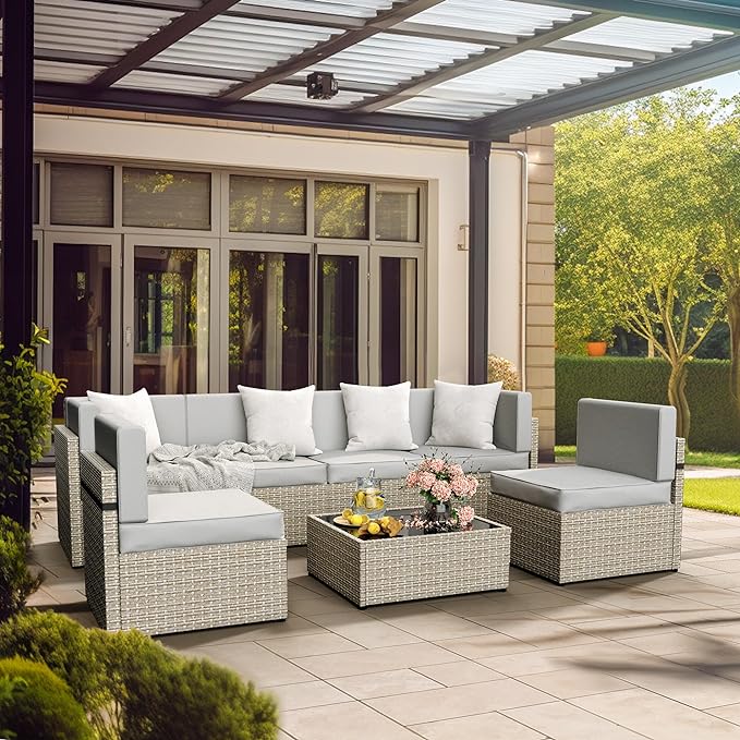 Pamapic Outdoor Sectional Furniture for 6,Wicker Patio Furniture,All-Weather Gray PE Rattan Sectional Sofa, Conversation Set with Washable Cushions Covers and Coffee Table for Garden Poolside - LeafyLoom