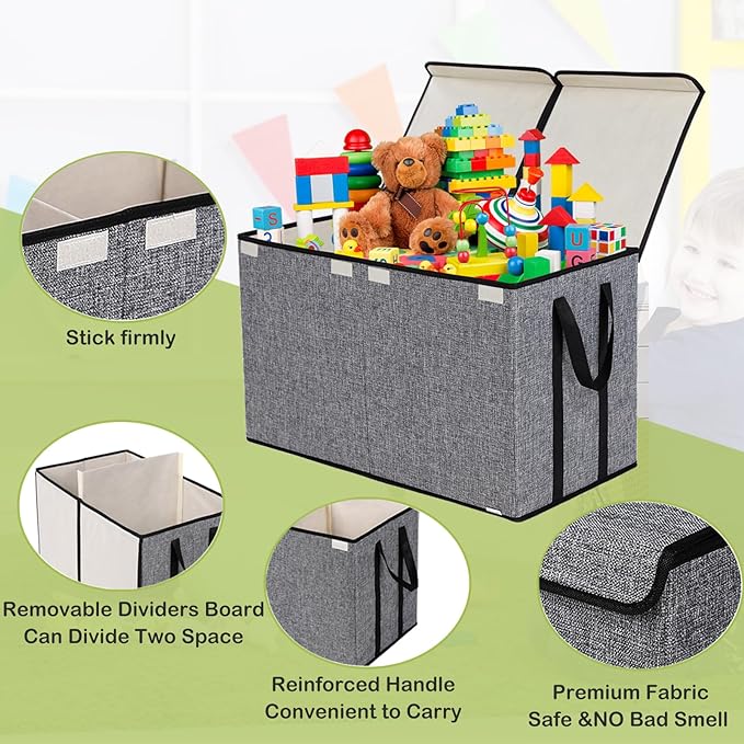 Large Kids Toy Box Chest Storage organizer with Double Flip-Top Lid - Collapsible Sturdy Toy Organizers And Storage Bins With Big Handles For Nursery, Playroom, 26.8"x13.8"x16"(Grey) - LeafyLoom