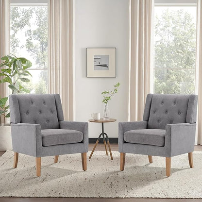 COLAMY Mid-Century Accent Chairs, Modern Wingback Living Room Chair, Upholstered Armchair with Button Tufted Back and Wood Legs for Bedroom/Office/Reading Spaces, Grey - LeafyLoom