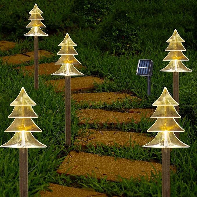 BRIGHTDECK Solar Christmas Pathway Lights Outdoor Decorations, Xmas Tree Lights Waterproof Led Garden Stake Lights for Walkway Yard Lawn Porch Holiday Decor 5-Pack (Xmas Tree Lights) BRIGHTDECK