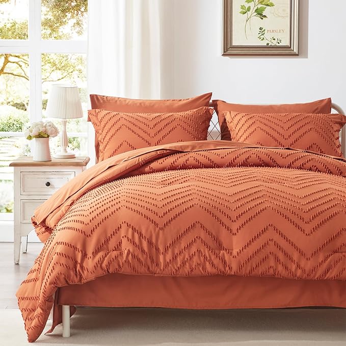 Anluoer Full Comforter Set, Burnt Orange Tufted Bed in a Bag 7 Pieces with comforters and sheets, All Season Bedding Sets with 1 Comforter, 2 PillowShams, 2 Pillowcases, 1 Flat Sheet, 1 Fitted Sheet - LeafyLoom