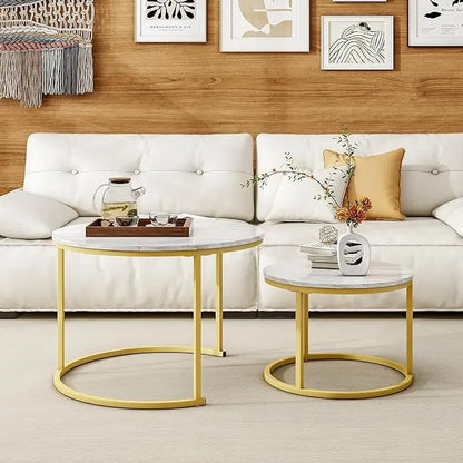 Round Coffee Table Set of 2 End Tables for Living Room,Circular and Marble Nesting Coffee Table Wooden Accent Furniture with Golden Metal Frame,Stacking Side Tables,White - LeafyLoom