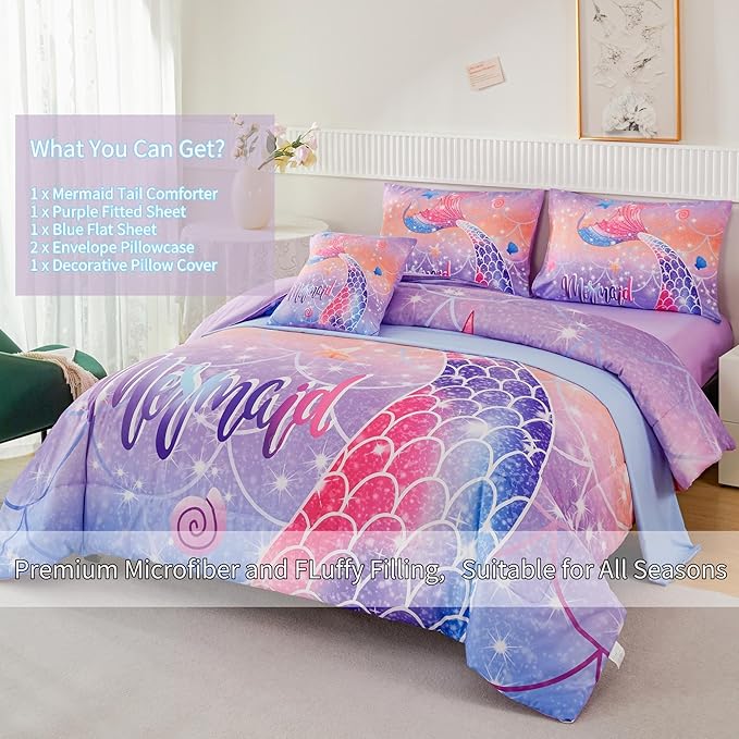 RYNGHIPY Full Bed in a Bag for Kids Teens Girls 6 Pieces, Soft Bedding for All Seasons, Cute Mermaid Tail Kids Bedding Set, Leightweight Girls Fluffy Bed Set - LeafyLoom