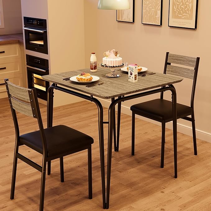 Dining Table for 2, Small Square kitchen Dinner Table Set for 2,Space Saving Wood Modern Dinette With Upholstered,Dining Room Furniture for Breakfast Nook, Apartment,Home Office Small Space,3 Piece - LeafyLoom