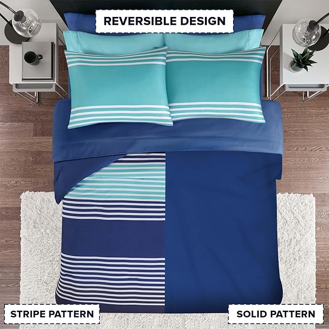 Comfort Spaces Twin Comforter Sets with Sheets - Bed in a Bag 6 Pieces Teen Bedding Sets Twin, Navy and Grey Stripes Bedding Twin, College Twin Bed Set, 2 Side Pockes Bedroom Organizer Twin Navy - LeafyLoom