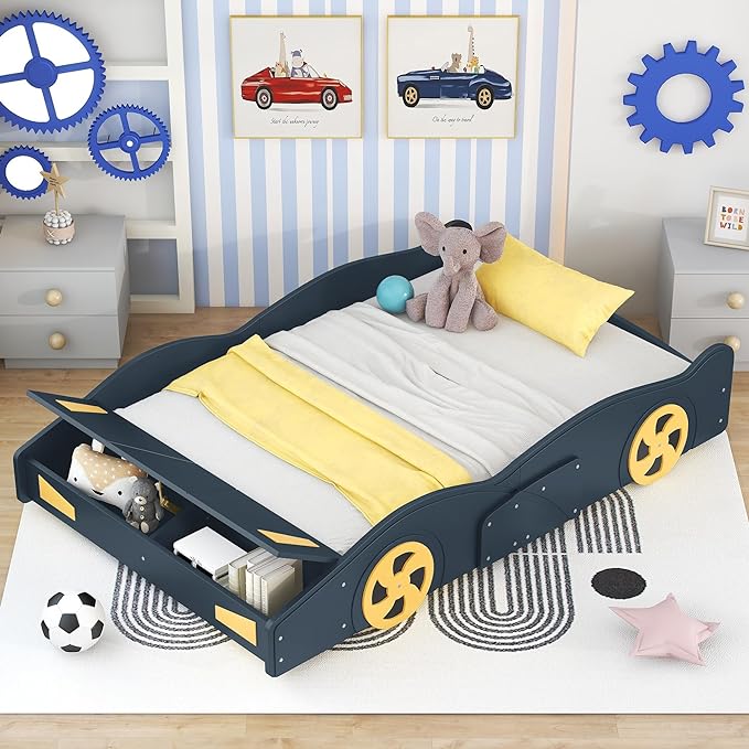 Full Size Race Car-Shaped Platform Bed with Wheels,Wooden Car Bedframe W/Storage Space,No Box Spring Required,for Boys Toddlers Kids Child's Bedroom,Dark Blue+Yellow - LeafyLoom