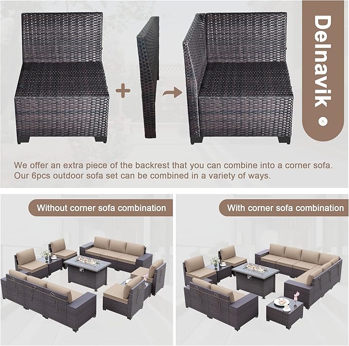 Patio Furniture Sectional Sofa Set 13-Pieces PE Rattan Patio Conversation Set w/43in Gas Fire Pit Table, Outdoor Furniture with 55000 BTU Propane Fire Pit, Sand - LeafyLoom