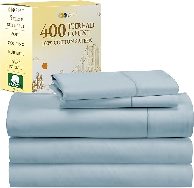 Split King Sheets for Adjustable Bed, Soft 100% Cotton Sheets, 400 Thread Count Sateen, 5 Pc Set With 2 Twin-XL Fitted Sheets, Deep Pocket Sheets,Cooling Sheets,Beats Egyptian Cotton Claims (Sky Blue) - LeafyLoom