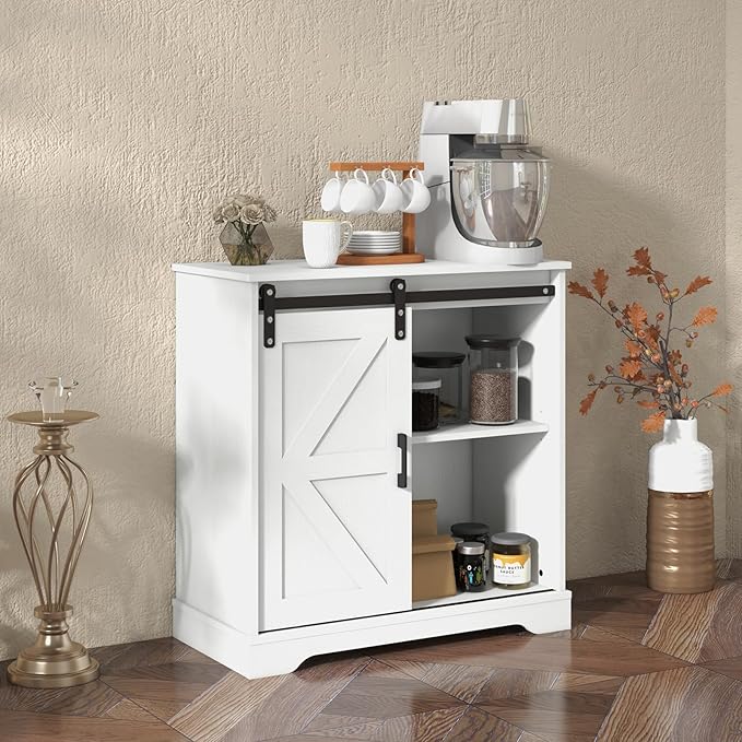 Panana Sliding Barn Door Buffet Sideboard Storage Cabinet Coffee Bar Kitchen Farmhouse Style (White Cabinet) - LeafyLoom