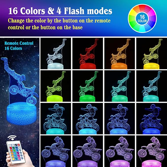 Motocross Night Light,Gifts for Boy, 3D Illusion Lamp,Kids Bedside Lamp,16 Color Change Decor Lamp with Remote & Smart Touch, Gifts for Christmas Birthday Boys Men Girls - LeafyLoom