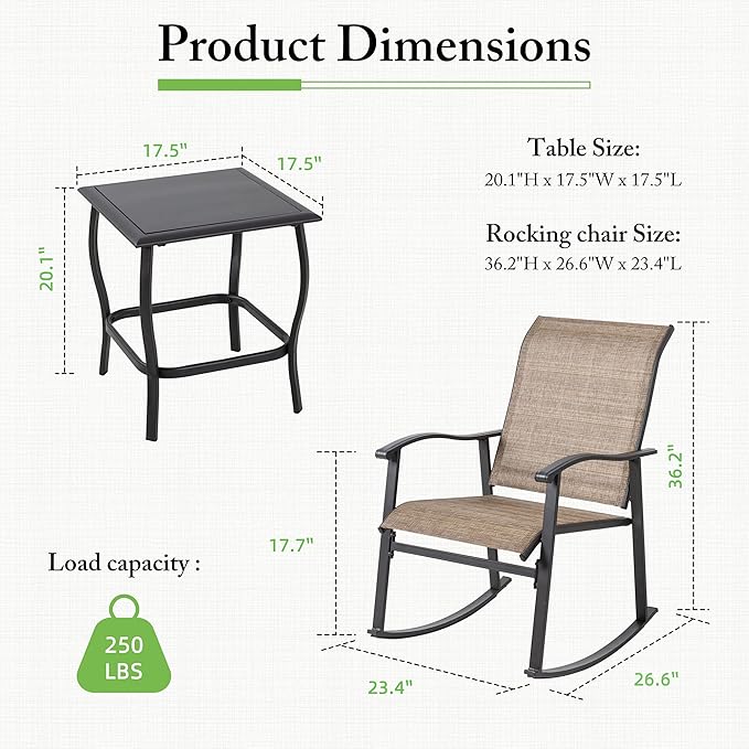 Shintenchi 3 Piece Rocking Bistro Set, Outdoor Furniture with Rocker Chairs and Glass coffee table set of 3, Balcony, Porch Furniture for Small Space, Brown - LeafyLoom