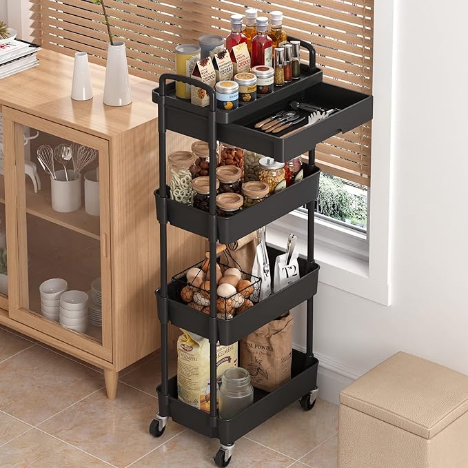 4-Tier Rolling Cart，Trolley with Drawer, Kitchen Storage Organizer with Plastic Shelf & Metal Wheels, Storage Cart for Living Room, Kitchen, Office, Bathroom, Black - LeafyLoom