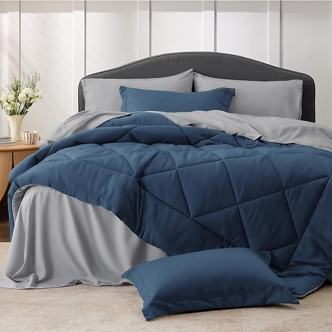 Bedsure Navy Bed Sets Twin - 5 Pieces Reversible Twin Comforter Sets, Twin Bedding Set with Comforters, Sheets, Pillowcase & Sham - LeafyLoom