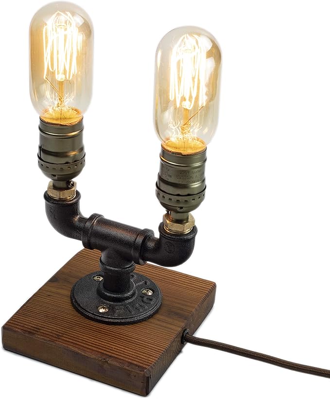 Steampunk Lamp with Dimmer, Dimmable Loft Style Industrial Vintage Antique Style Light with 2 Bulbs, Wood Base with Iron Piping Desk Lamp, Retro Desk Lamp LL-027 - LeafyLoom