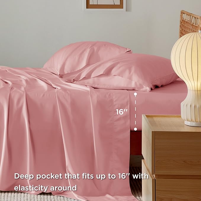 Bedsure Full Size Sheets, Cooling Sheets Full, Rayon Derived from Bamboo, Deep Pocket Up to 16", Breathable & Soft Bed Sheets, Hotel Luxury Silky Bedding Sheets & Pillowcases, Blush Pink - LeafyLoom