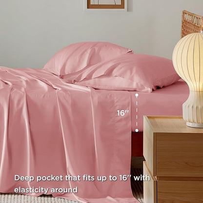 Bedsure Full Size Sheets, Cooling Sheets Full, Rayon Derived from Bamboo, Deep Pocket Up to 16", Breathable & Soft Bed Sheets, Hotel Luxury Silky Bedding Sheets & Pillowcases, Blush Pink - LeafyLoom