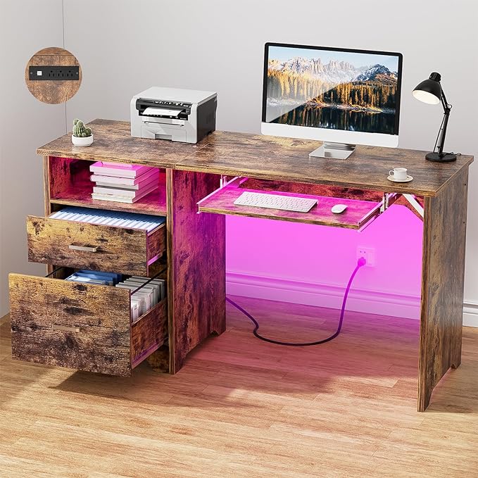 Office Desk with File Cabinet, 55 Inch Reversible Computer Desk with Smart LED Light and Power Outlet, Sturdy Gaming Desk with Keyboard Tray & Storage Drawers, Easy to Assemble, Rustic Brown - LeafyLoom