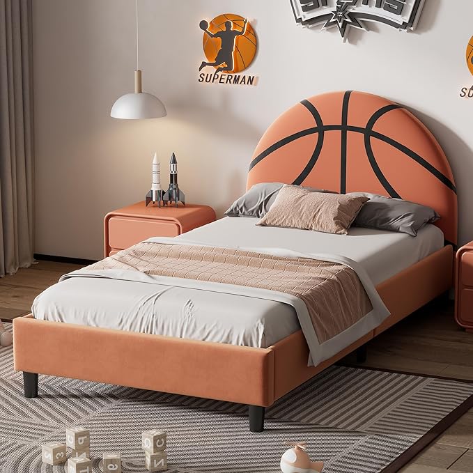 Basketball Design Twin Bed Frame for Kids,Sports Theme Upholstered Platform Bed with Headboard,Velvet Twin Size Bed Frame for Boys & Girls,Teens,Orange - LeafyLoom