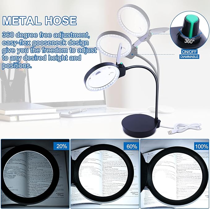 Magnifying Glass with Light and Stand, 10X 20X Magnifying Desk Lamp with Brightness Stepless Dimmable, Adjustable Gooseneck for Reading, Close Work, Hobbies - LeafyLoom