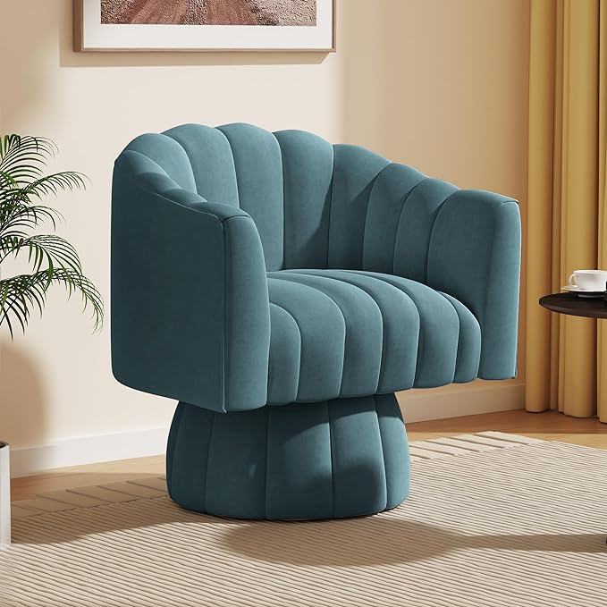 Accent Chair Mid Century 360 Degree Swivel Chair,Modern Lounge Sofa Round Barrel Chair with Wide Upholstered,Fluffy Velvet Fabric Chairs for Home Sofa Living Room/Bedroom/Waiting Room (Blue) - LeafyLoom