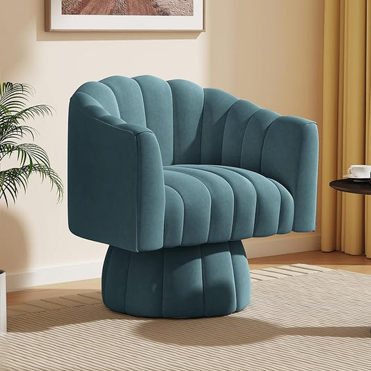 Accent Chair Mid Century 360 Degree Swivel Chair,Modern Lounge Sofa Round Barrel Chair with Wide Upholstered,Fluffy Velvet Fabric Chairs for Home Sofa Living Room/Bedroom/Waiting Room (Blue) - LeafyLoom