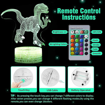 Dinosaur Night Light, 16 Colors 3D Desk Lamp Remote Control Dinosaur Toys for Kids Age 2 3 4 5 6 7 8-12 Year Old Boys Room Bedside Decor Christmas Birthday Gifts - LeafyLoom