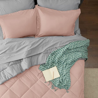 Bedsure Blush Pink Full Size Comforter Set - 7 Pieces Reversible Full Bed in a Bag, Full Bed Set with Comforters, Sheets, Pillowcases & Shams, Peach Pink Full Bedding Sets - LeafyLoom