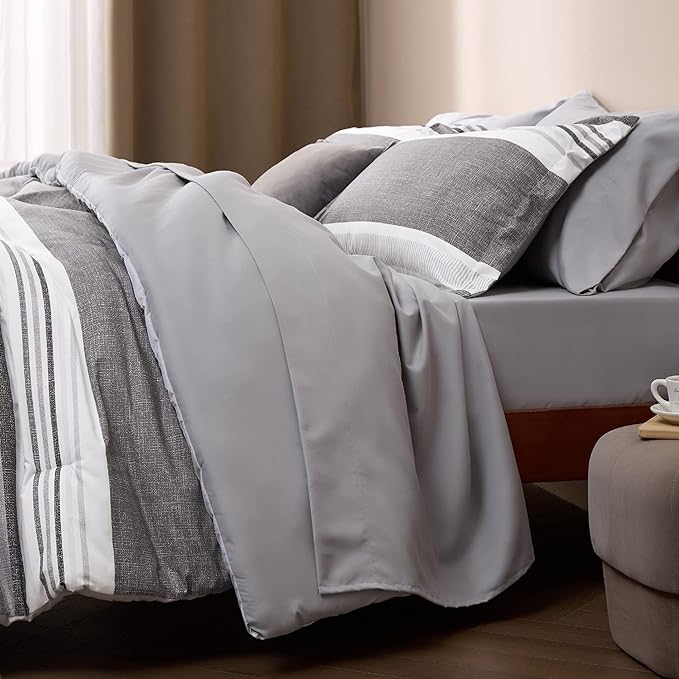 Bedsure Twin Comforter Set - 5 Pieces Grey White Striped Bedding Sets Twin Bed in A Bag with Comforters Twin Size, Sheets, Pillowcase & Sham, Bed Sets - LeafyLoom