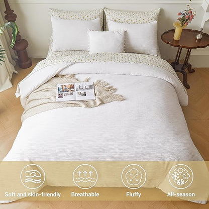 8 Piece Woven Texture White Comforter Set Queen, Bed in A Bag Bedding Sets Queen with Comforter and Sheets, Soft Lightweight Comforter Set with Deocor Throw Pillow, White - LeafyLoom