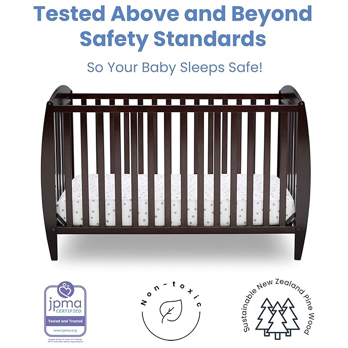 Delta Children Taylor 4-in-1 Convertible Baby Crib, Easy to Assemble, Sustainable New Zealand Wood, JPMA Certified, Dark Chocolate - LeafyLoom