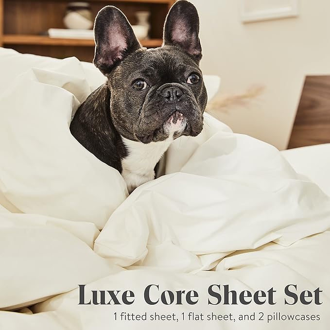 Brooklinen Luxury Sateen 4 Piece Sheet Set - 100% Cotton, California King Size in Cream - 1 Fitted Sheet, 1 Flat Sheet, 2 Pillowcases | Best Luxury Sheets - LeafyLoom