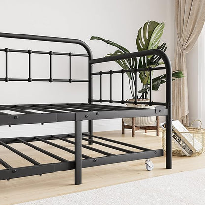 Twin Size Metal Daybed Frame with Trundle and Headboard,Guest Room Multifunctional Heavy Duty Sofa Bed Platform w/Steel Slat Support & Easy Assembly,for Adult Kid Boy Girl,Black - LeafyLoom