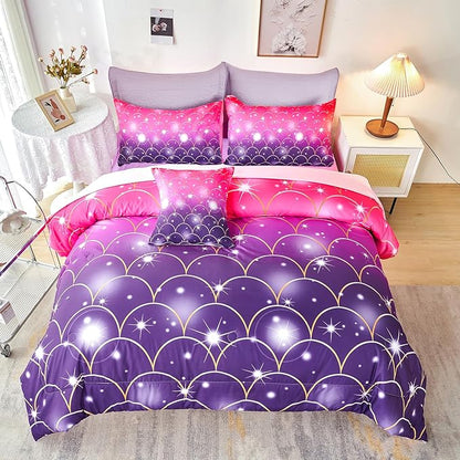 URBONUR Purple Glitter Comforter Set Queen Size for Girls 6 Piece Bed in A Bag Comforter with Sheets Set, Gradient Pink Purple Sparkle Mermaid Fish Scales Bedding Comforter Set - LeafyLoom