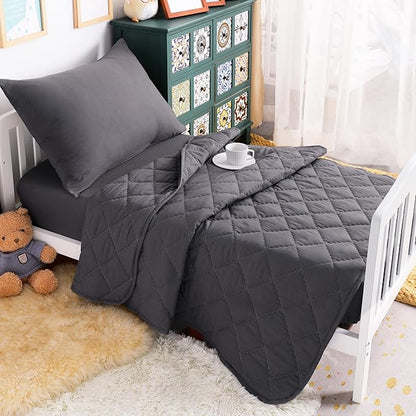 NTBAY Toddler Bedding Set - 4 Piece Soft and Breathable Crib Bedding Set for Boys and Girls, Includes Quilted Comforter, Fitted Sheet, Flat Top Sheet and Envelope Pillowcase, Dark Grey - LeafyLoom