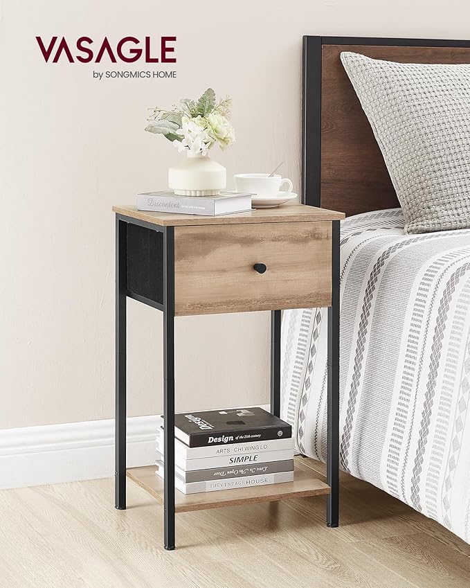 VASAGLE Nightstand, Side Table with Fabric Drawer, 24-Inch Tall End Table with Storage Shelf, Bedroom, Toasted Oak ULGS021B50 - LeafyLoom