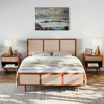 Bme Nancy Signature Bed Frame, Queen Bed Frame and Headboard Unique Geometric, Mid Century Modern, Solid Acacia Wood, No Box Spring Needed, 12 Strong Wood Slats Support, Easy Assembly, Dark Chocolate - LeafyLoom