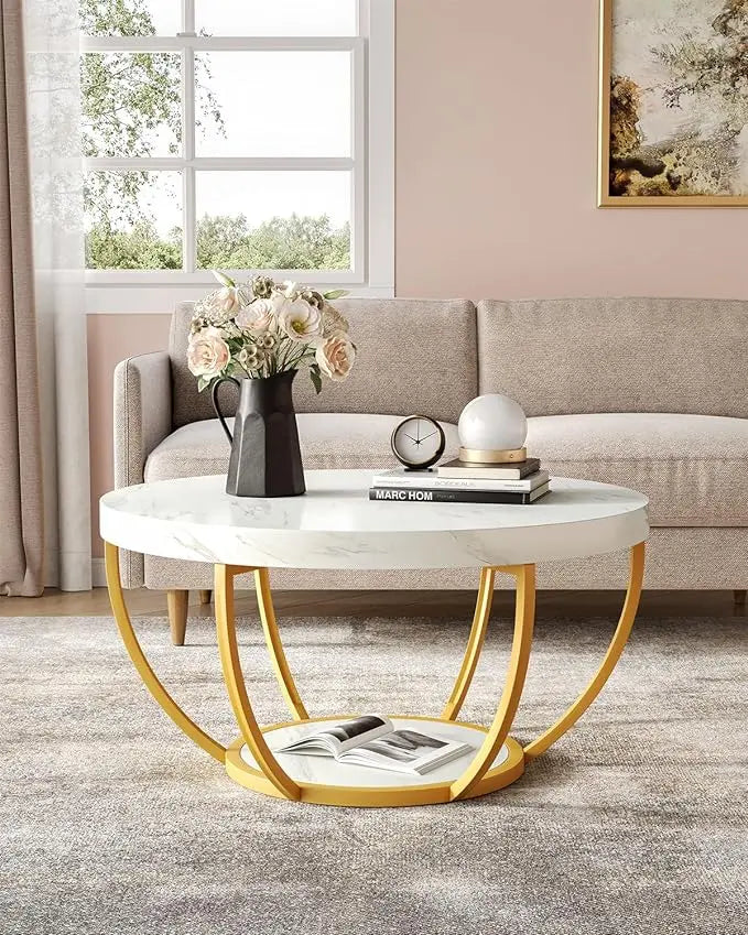 Round Coffee Table, 32" Circle Faux Marble Coffee Tables for Living Room, 2-Tier Golden Metal Legs Accent Center Table with Open Storage Modern Design Home Furniture (White and Gold) - LeafyLoom