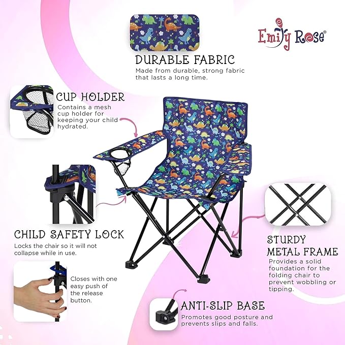 Emily Rose Kids Folding Chair | Beach Chair with Safety Lock- Camping Chair for Boyos Girls Toddler with Cup Holder & Carry Case- Tailgate, Travel, Lawn- for Indoor & Outdoor (Playful Dinosaurs) - LeafyLoom